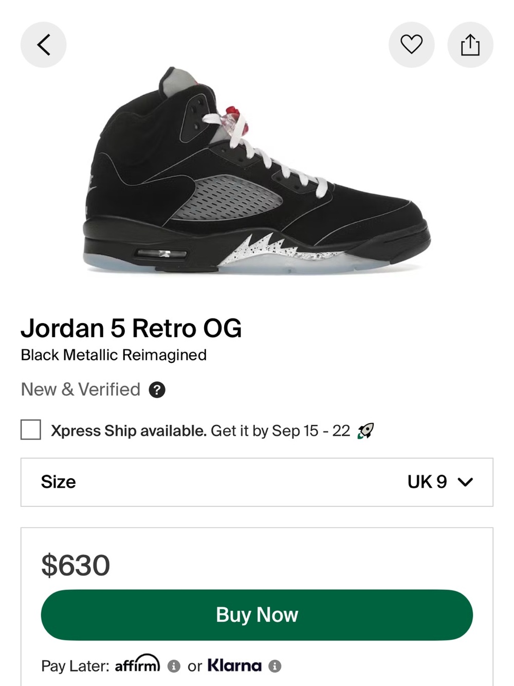 Nike Jordan 5 Retro OG Black with Silver Accents - Men